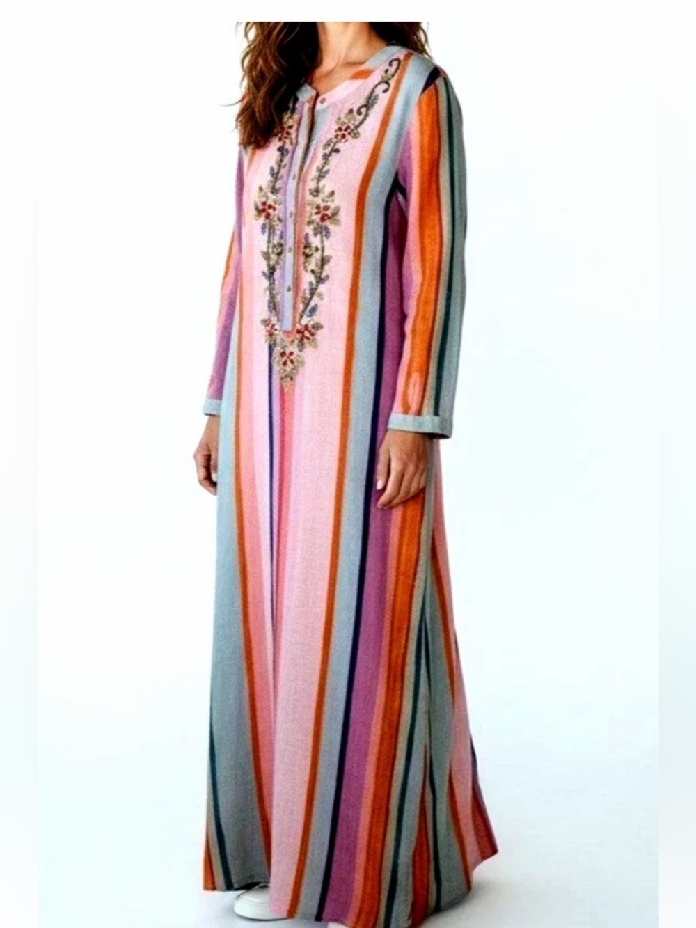 Soft Surroundings Aruba Caftan Striped Embroidered Maxi Dress Gauzy Resort Vacay - Picture 5 of 15